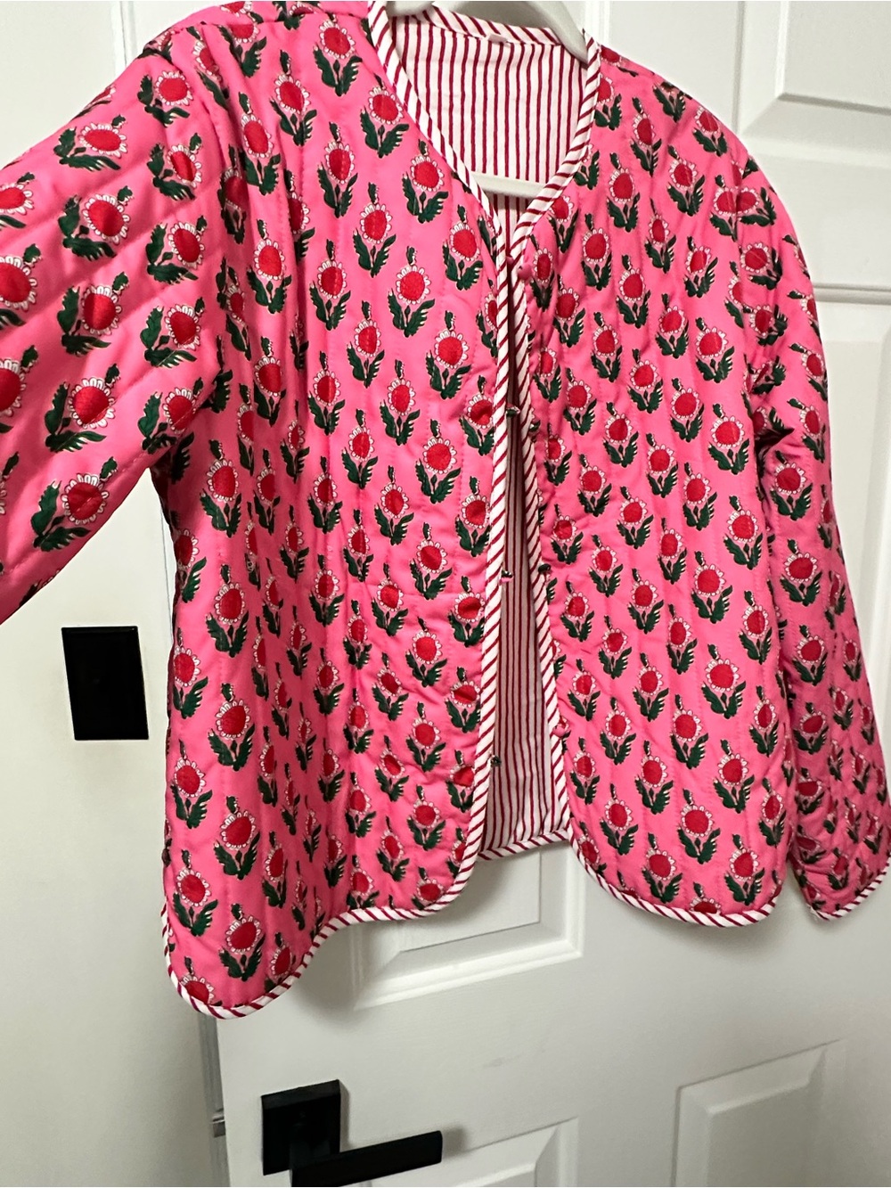 Pink Floral Quilted Jacket with Stripe Trim